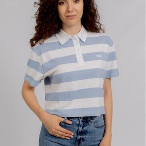 🆕 NWT DKNY Light Blue White Striped Rubgy  Slight Crop Polo Casual Preppy
